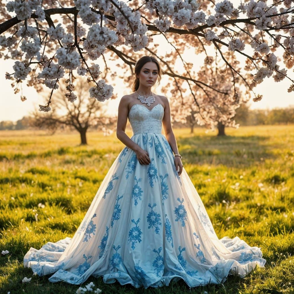 Blue and White Chinoiserie Wedding Gown in a Sakura Meadow