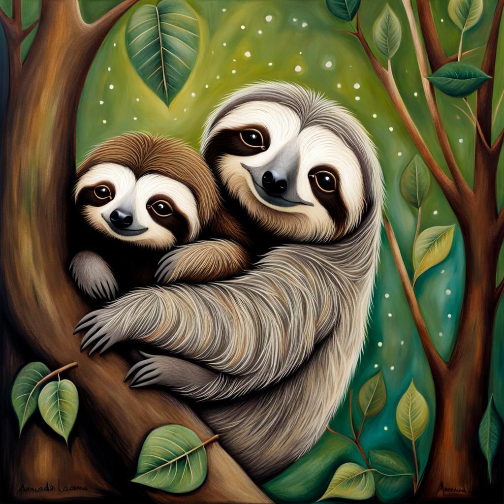 Sloth Family Hugging in Tree, Storybook Illustration