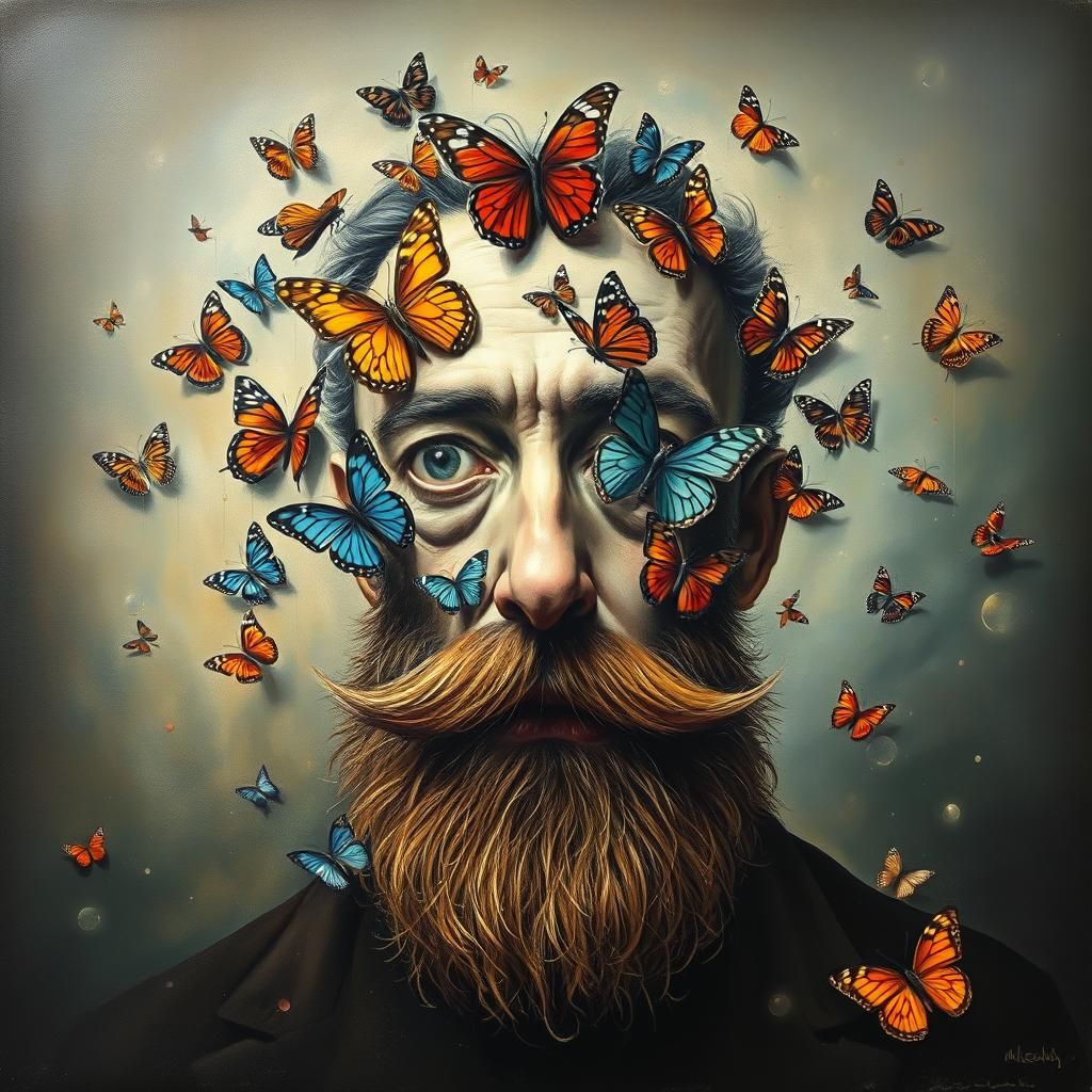 Surreal Beard of Butterflies: A Dali-esque Oil Painting