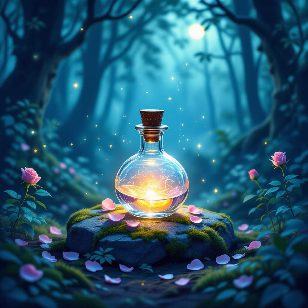 Enchanted Forest Twilight Scene with Glowing Potion