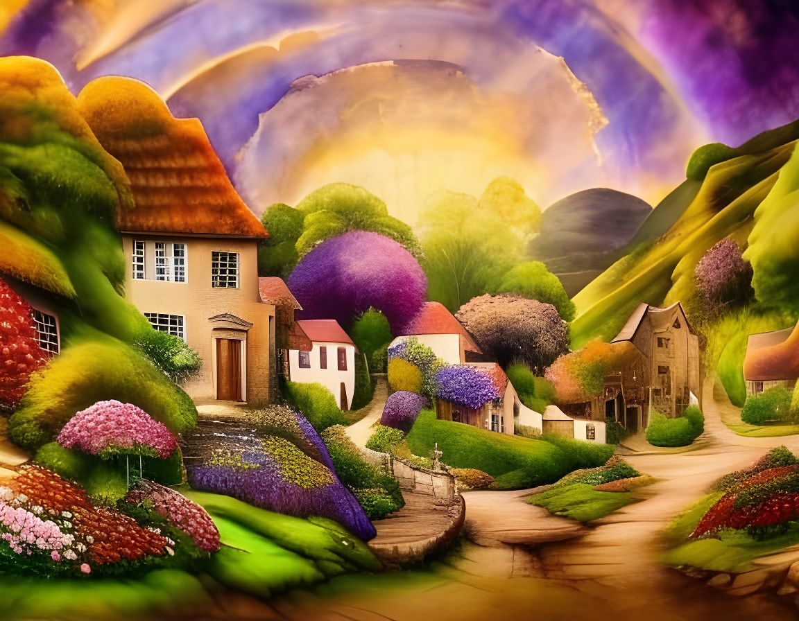 Picturesque English Village Watercolor Painting