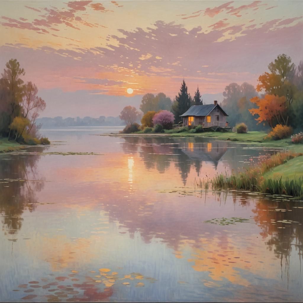 Impressionist Lake Cottage at Sunrise in Warm Colors