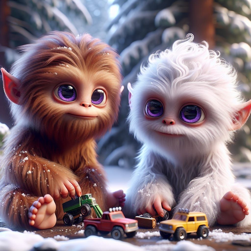 Adorable Baby Sasquatch and Yeti Play in Snow