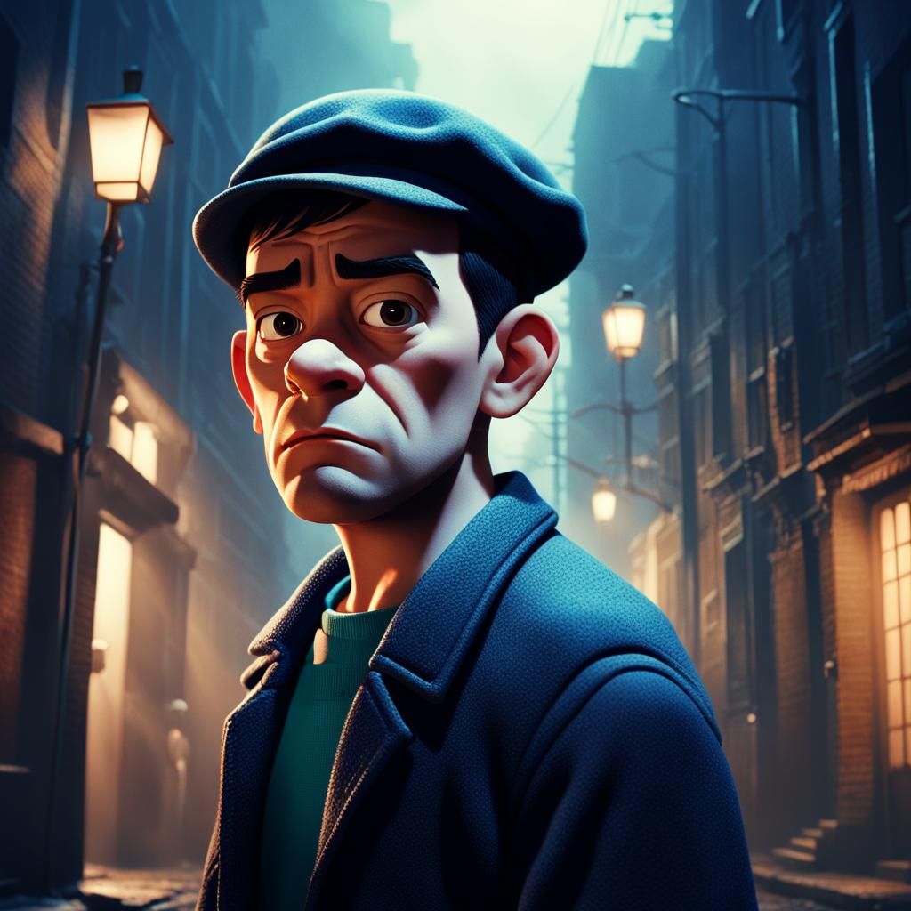 Mortadelo in Foggy Alleyway: Hyper-Realistic Digital Art