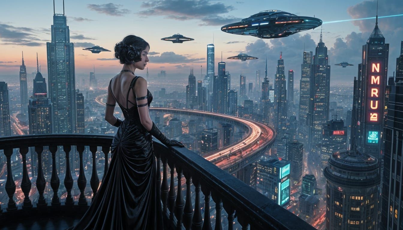 Cyberpunk Noblewoman on Balcony in Futuristic City