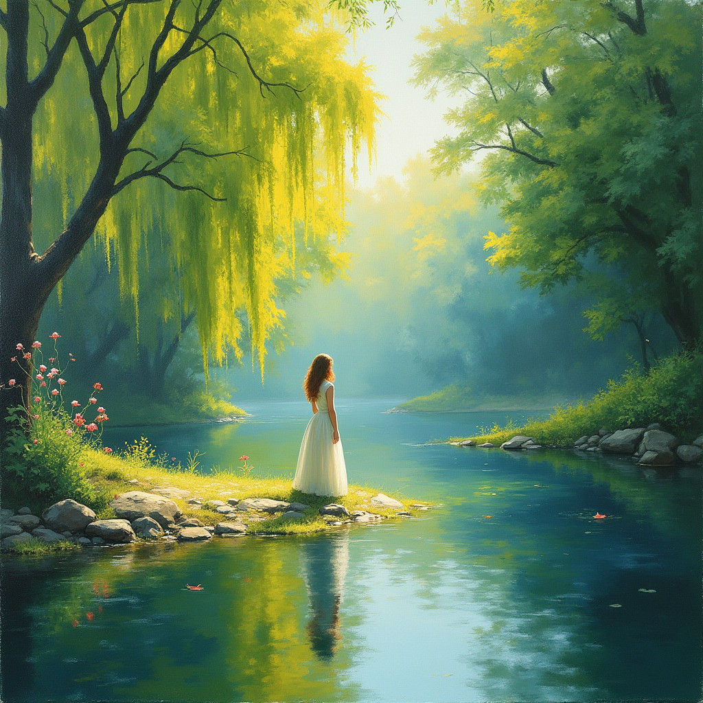 Impressionist Figure Beside Still Waters in Sunlight