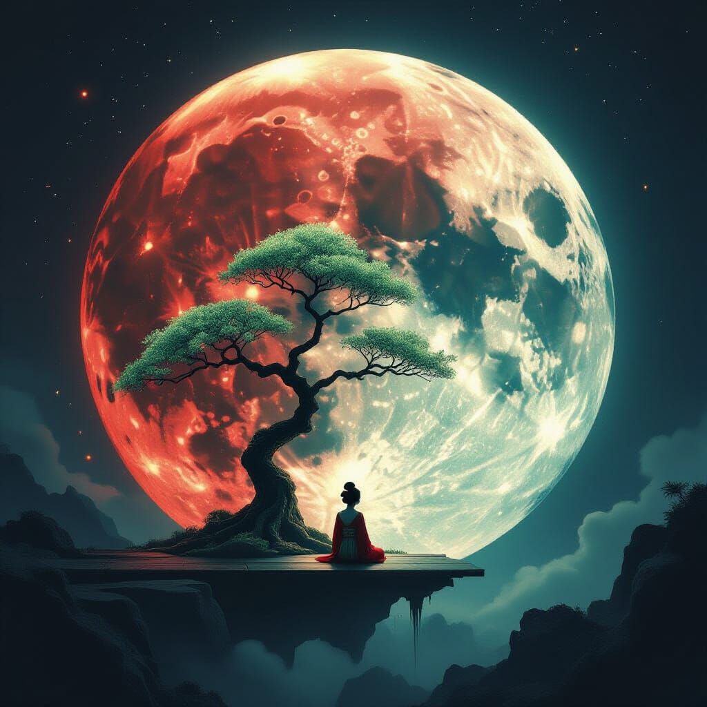 Surreal Geisha Meditates Inside Glowing Blood Moon