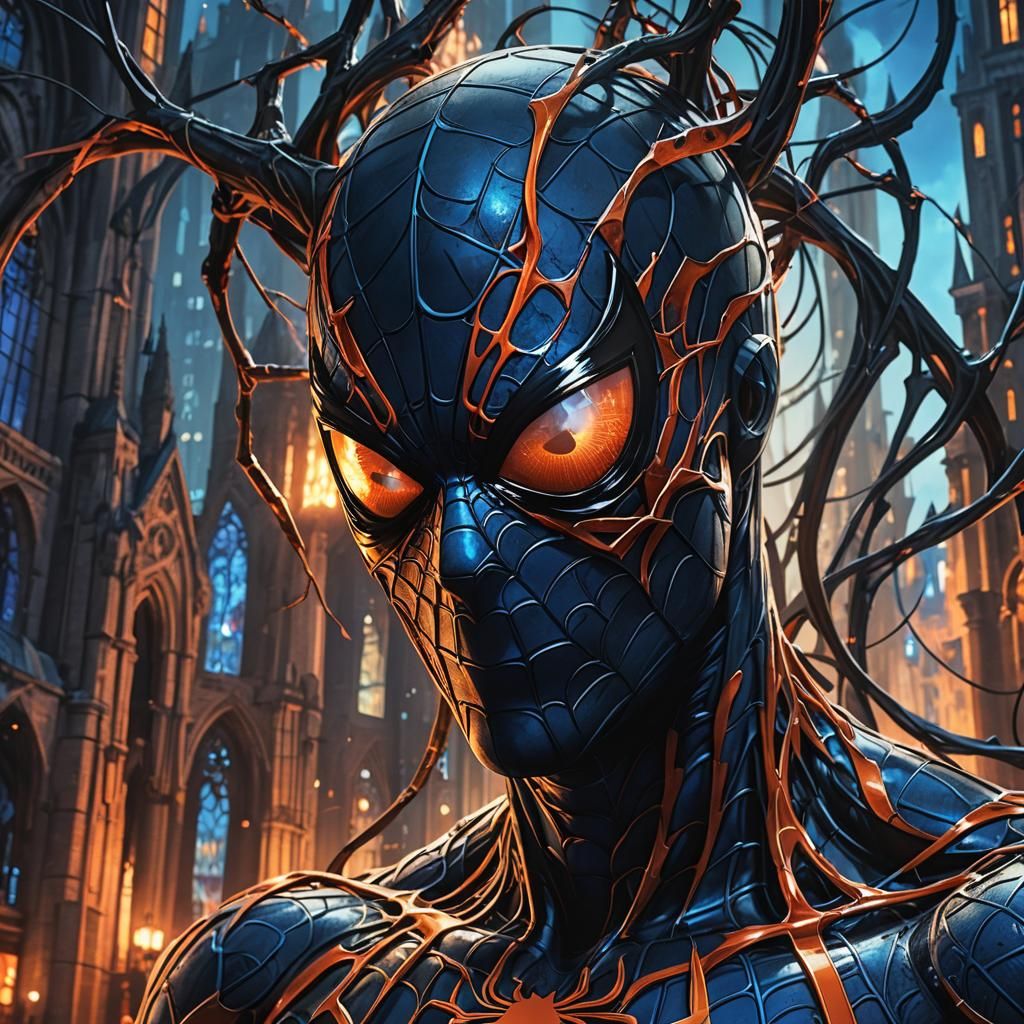 Symbiote Infecting Spiderman in Surreal Cathedral Art