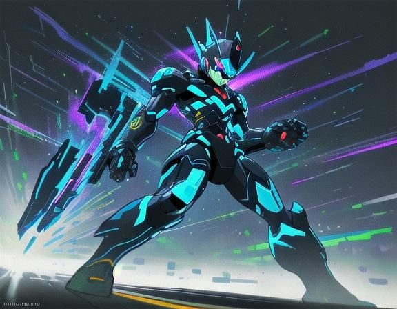 Megaman in Cyberpunk City with Holographic Armor