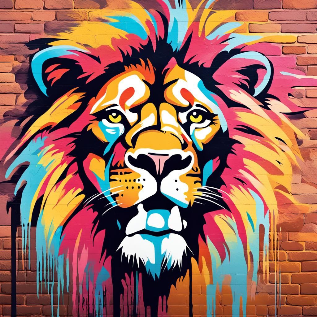 Colorful Graffiti Lion on Brick Wall