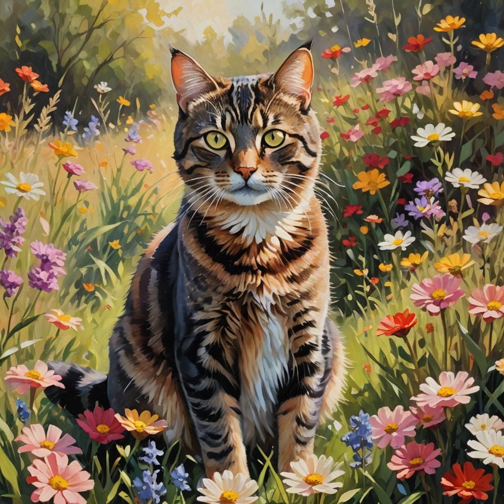 Impressionist Tabby Cat in Colorful Flower Meadow