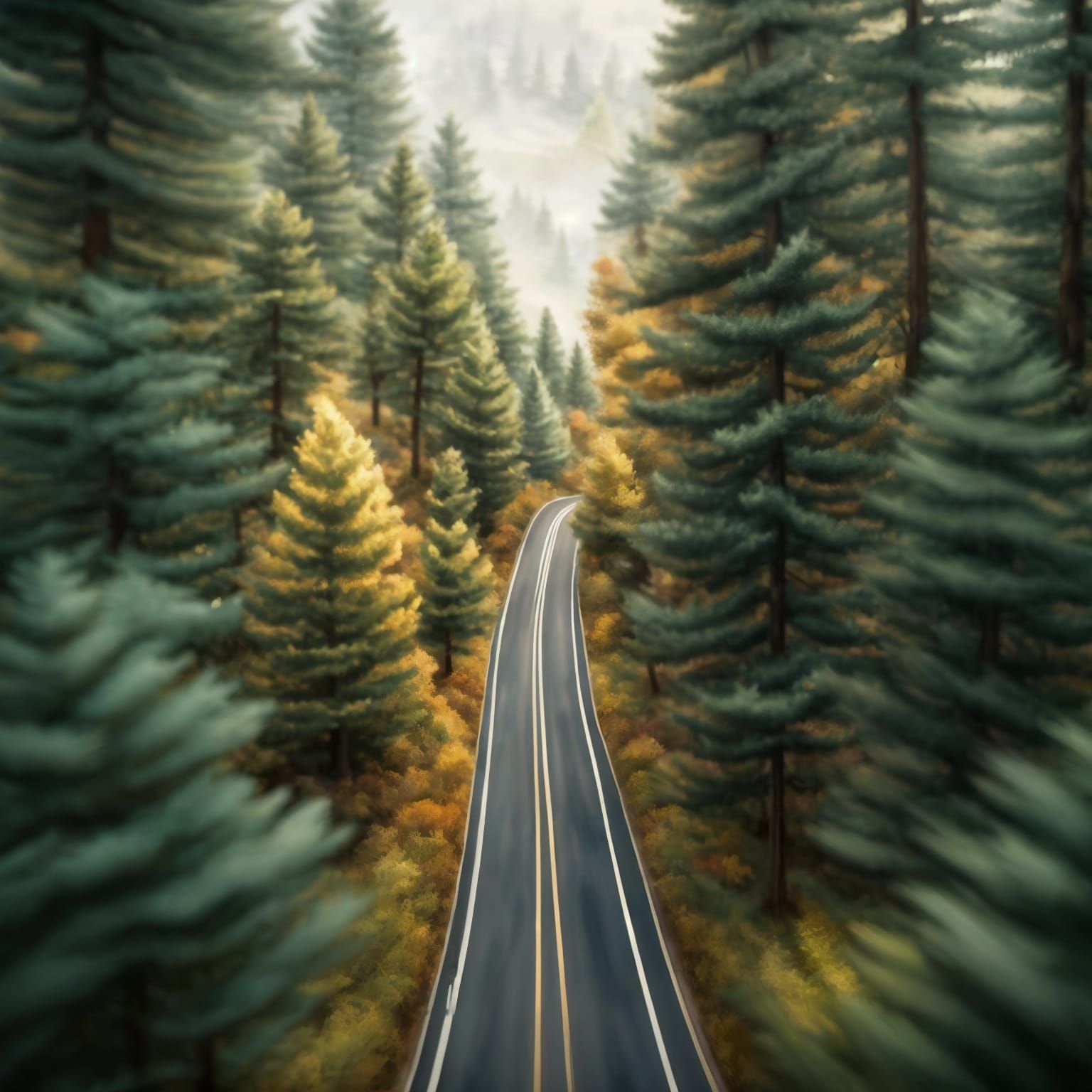 Impressionistic Forest Road From Above in Pastel Colors