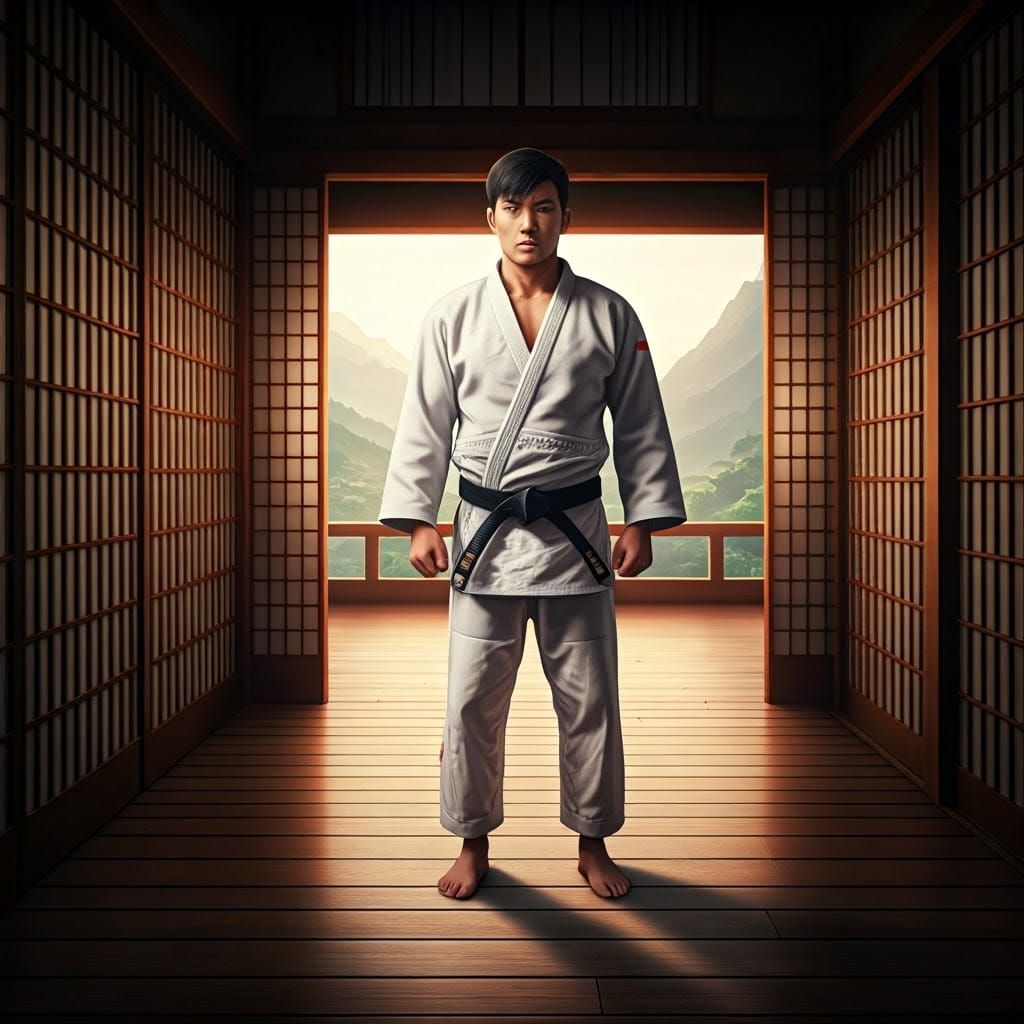 Serene Judo Fighter in Dojo: Ghibli-Inspired Anime Art