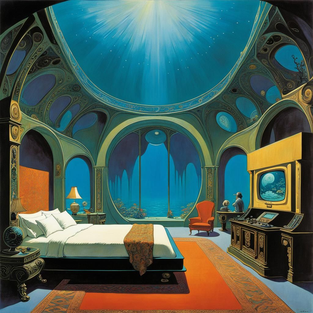 Surreal Undersea Palace Bedroom in Art Nouveau Style