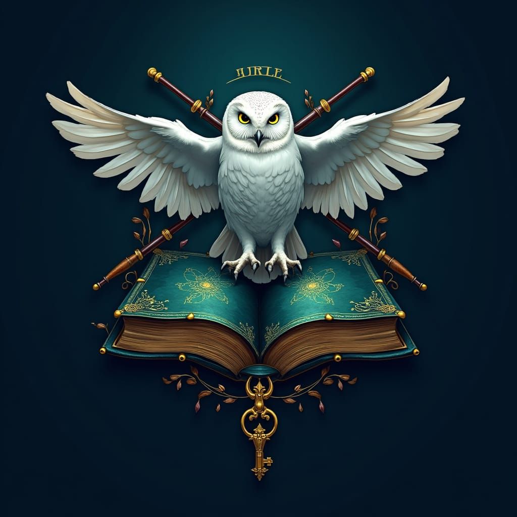 Magical Hogwarts-Inspired Logo with Book and Owl