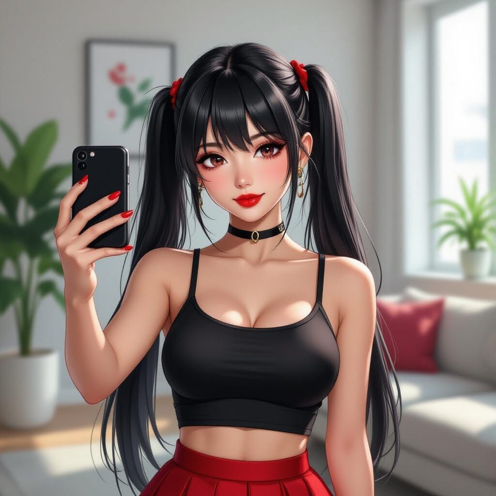 Anime-Inspired Realistic Portrait of a Young Woman in a Self...