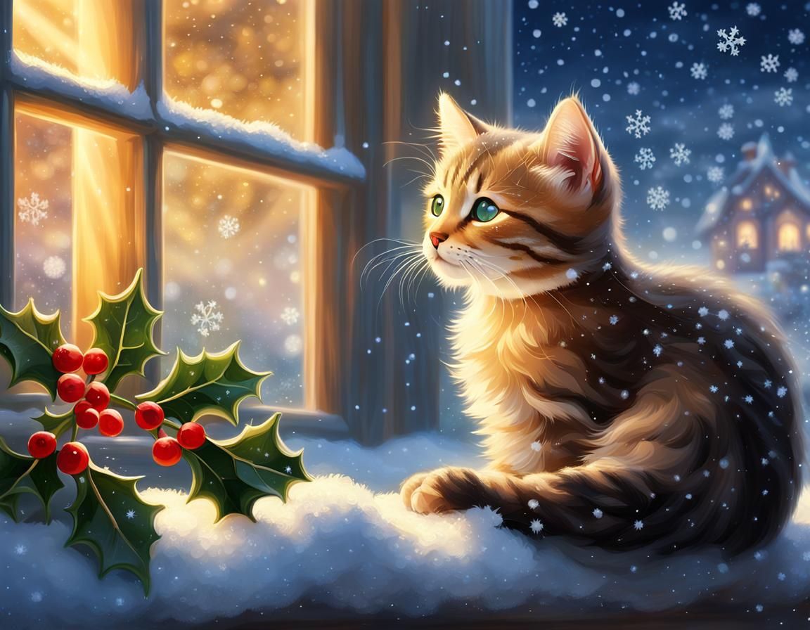 Kitten's Snowy Night: Ethereal Winter Fantasy