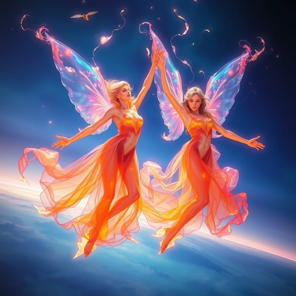 Ethereal Beings Radiate Opalescent Hues in Cosmic Atmosphere