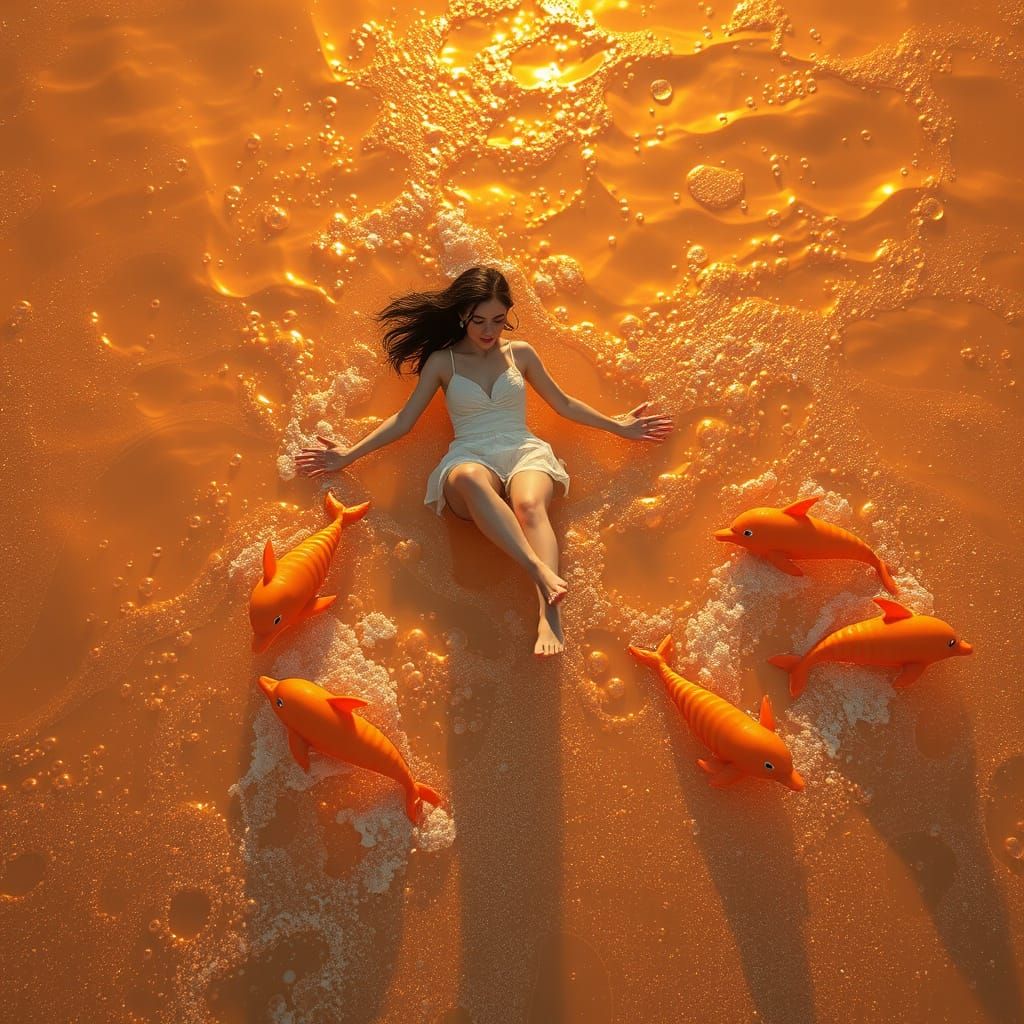 Woman Surfing Soda Sea with Candy Dolphins