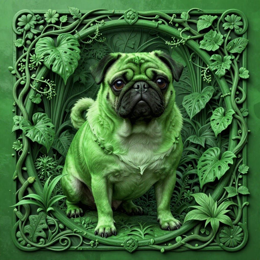 Art Nouveau Emerald Pug in Botanical Garden
