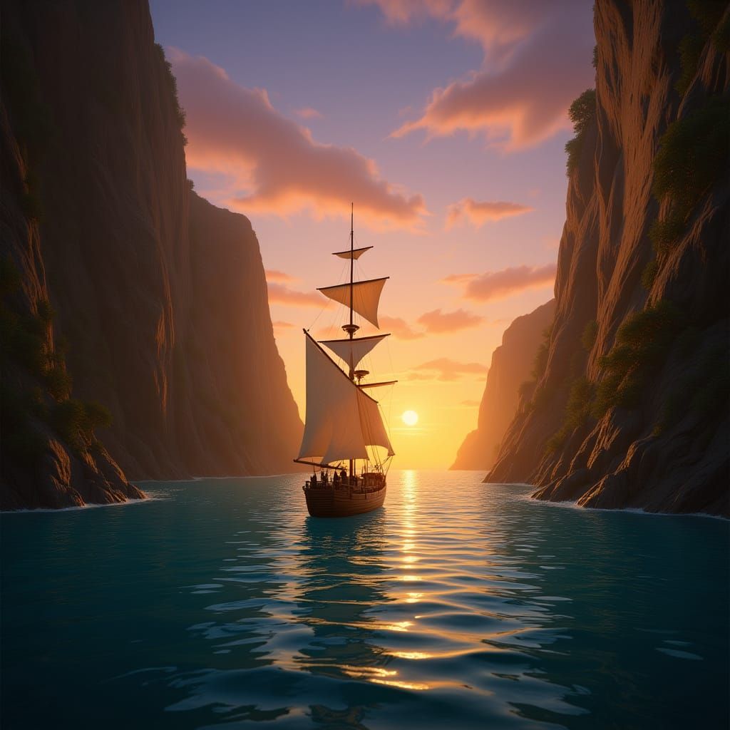 Fantastical Sailboat at Sunset on Serene Sea