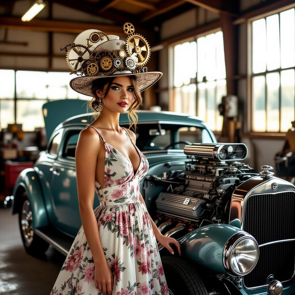Woman in Fantasy Hat Beside V8 Engine