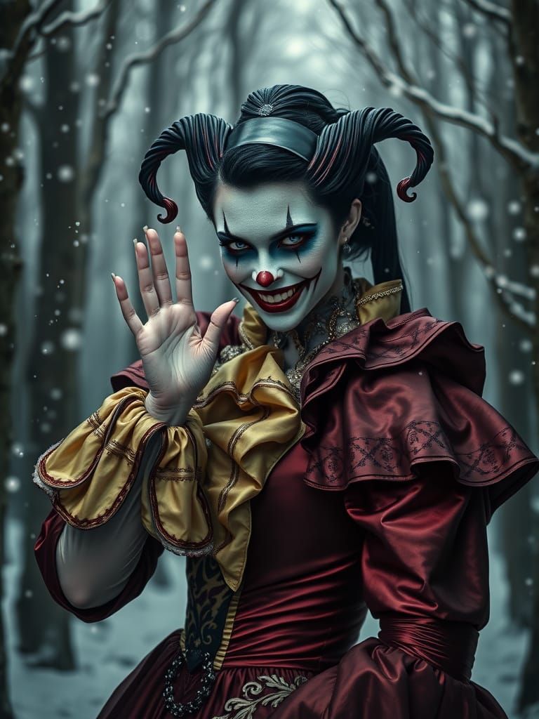 Harlequin Woman in Victorian Gown, Hyperrealistic Winter Sce...