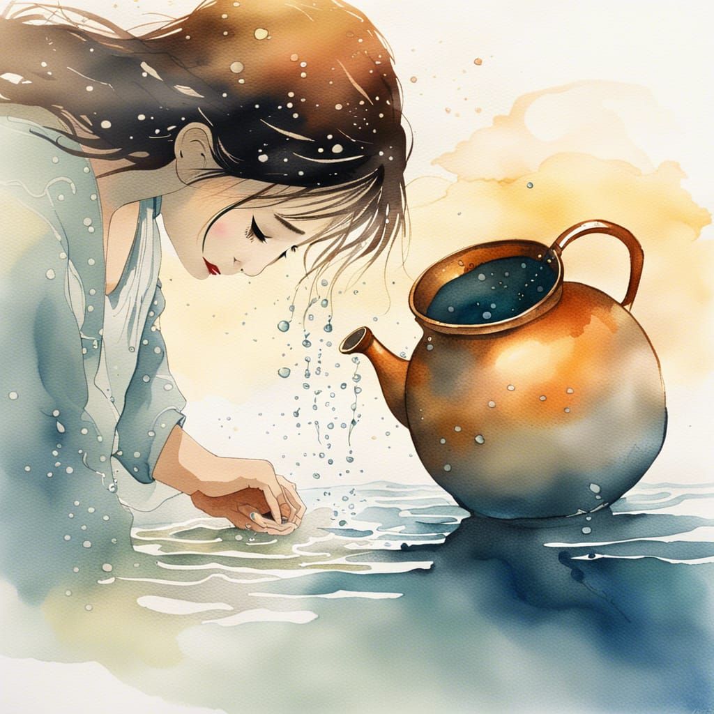 Japanese Girl Pouring Water: Minimalist Watercolor