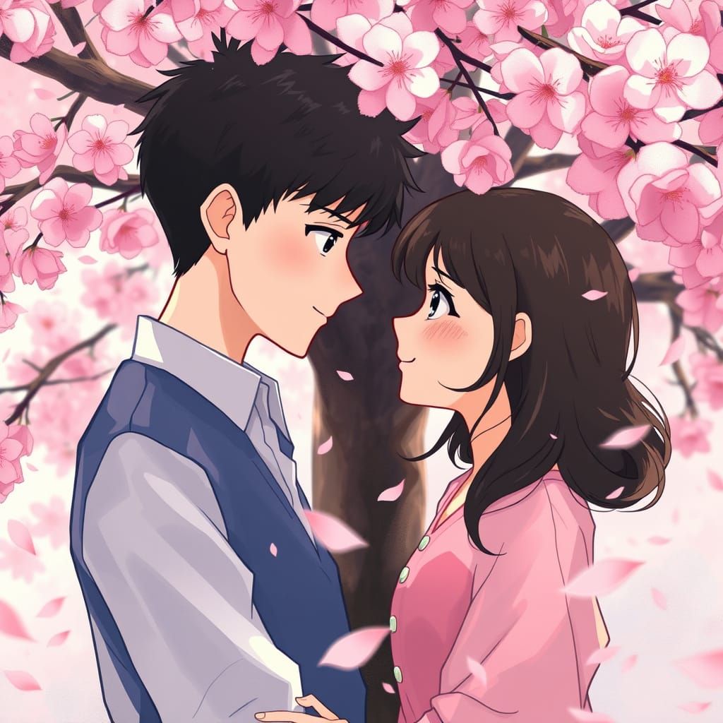 Romantic Cherry Blossom Moment in Vibrant Watercolor Style
