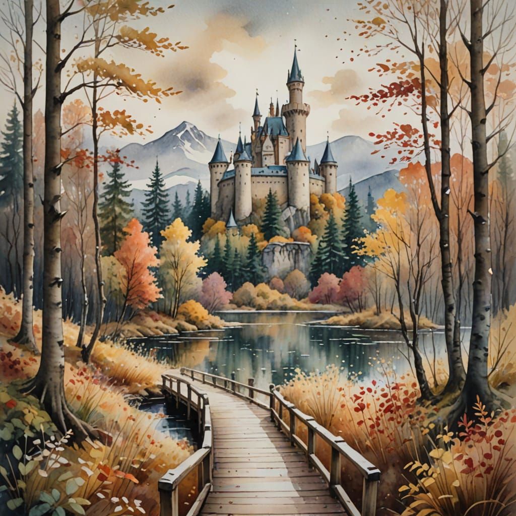 Snowy Autumn Forest Pathway to Castle in Watercolour