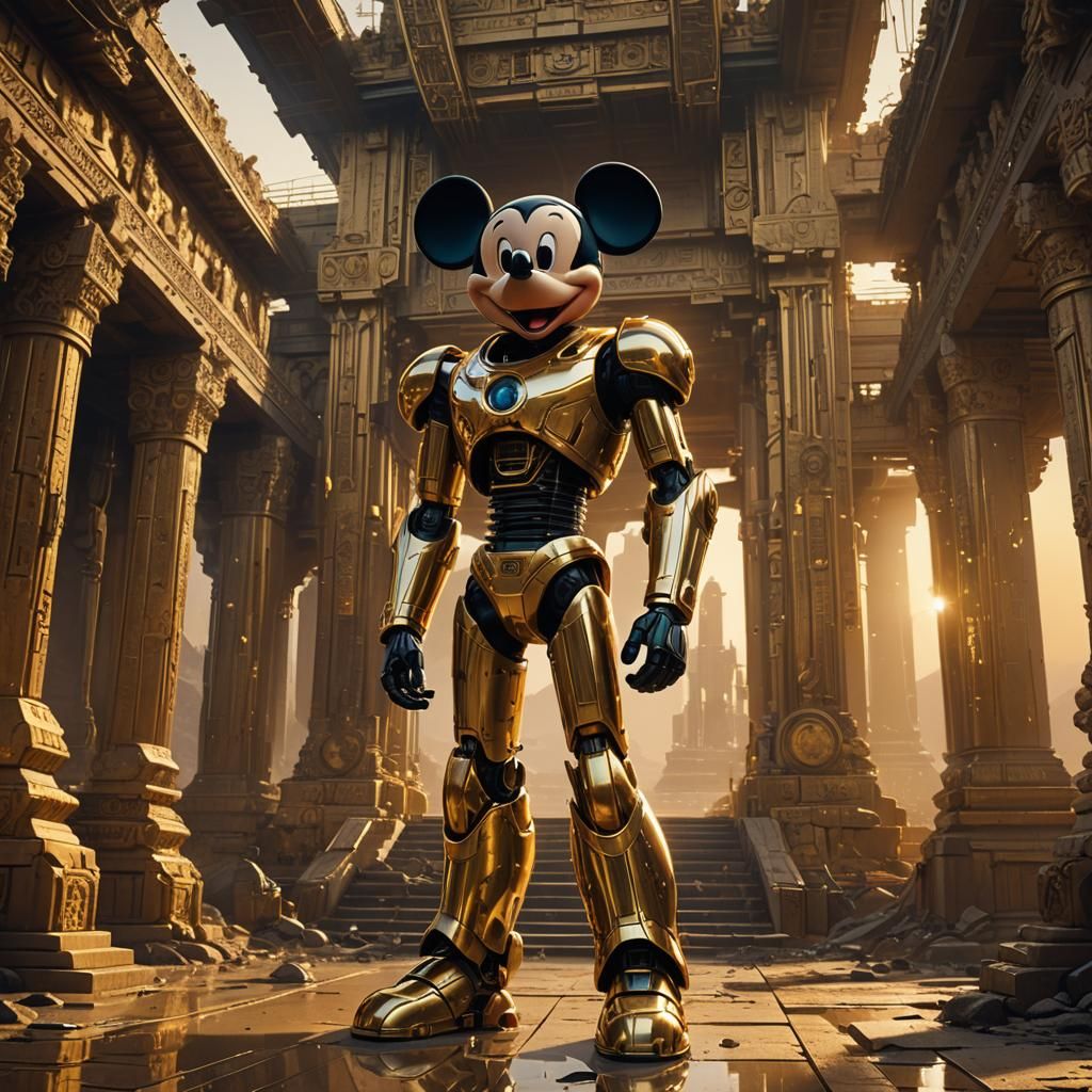 Heroic Mickey Mouse in a Golden Robot Suit, Ancient Temple B...