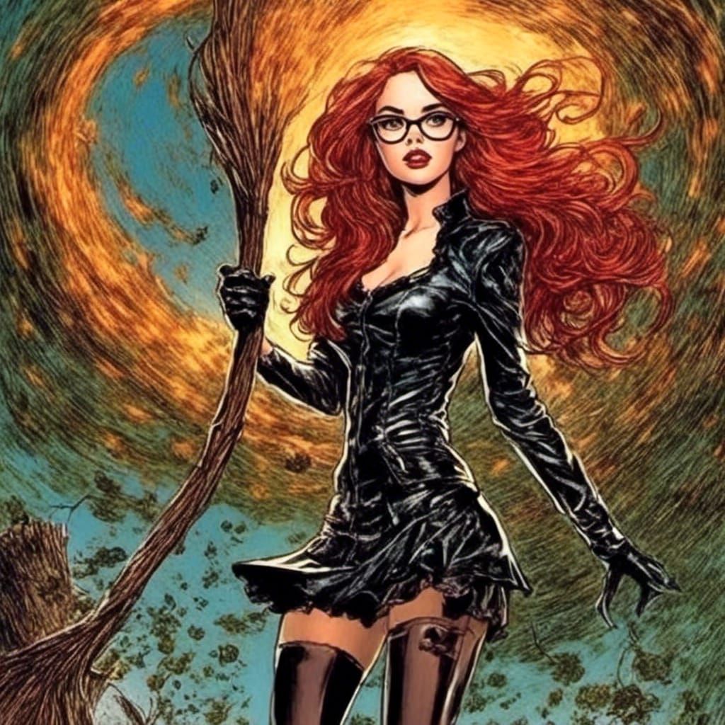 Young Witch in Latex Flying on Broomstick
