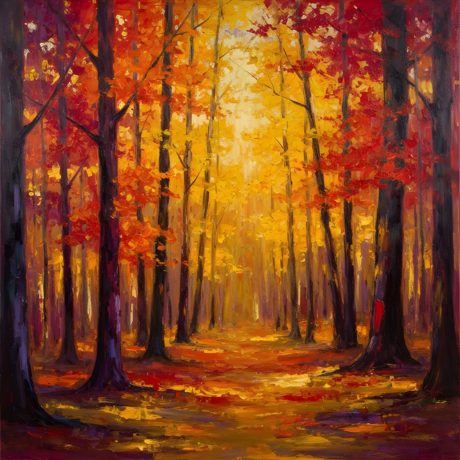 Vibrant Autumn Forest Painting with Expressive Brushstrokes