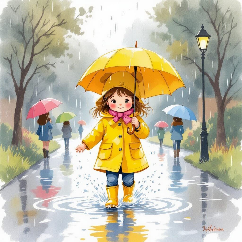 Child in Yellow Raincoat Splashing in Puddles