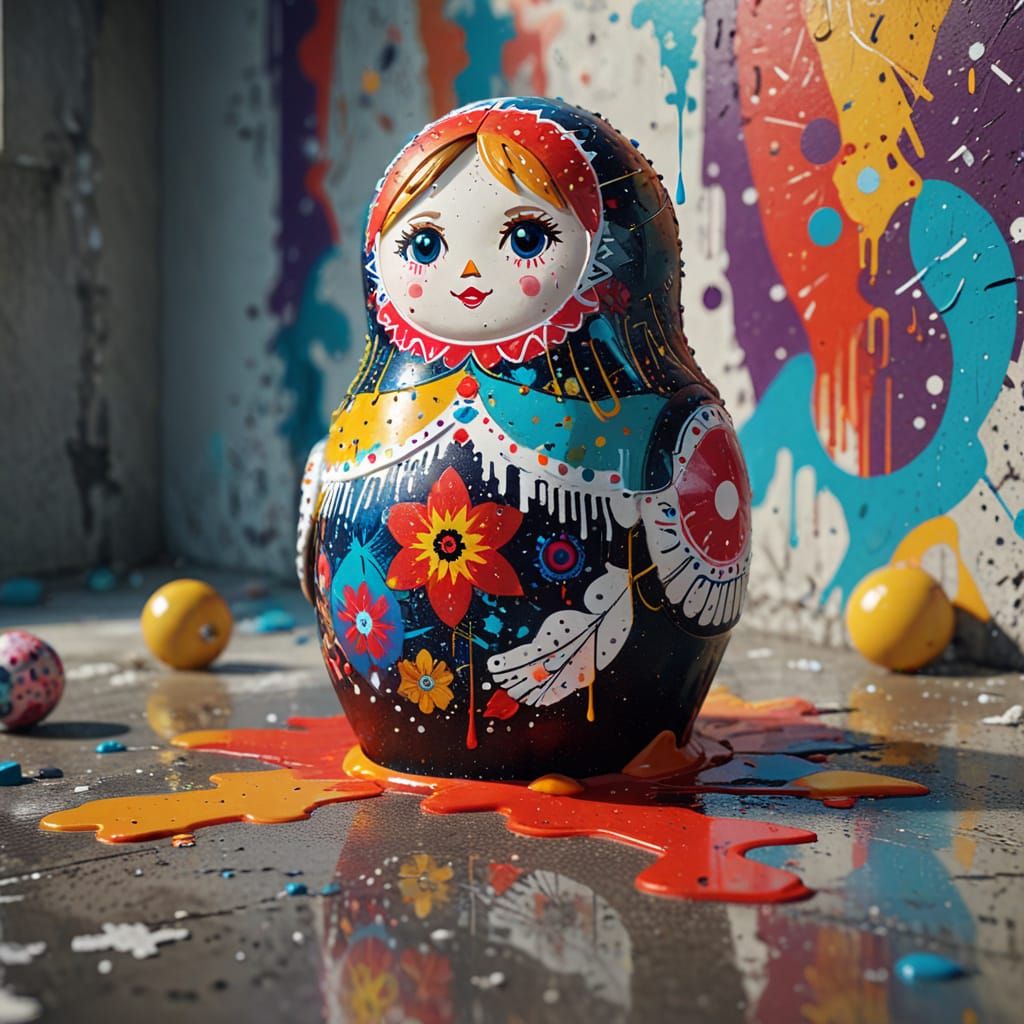 Dystopian Russian Doll with Dripping Paint