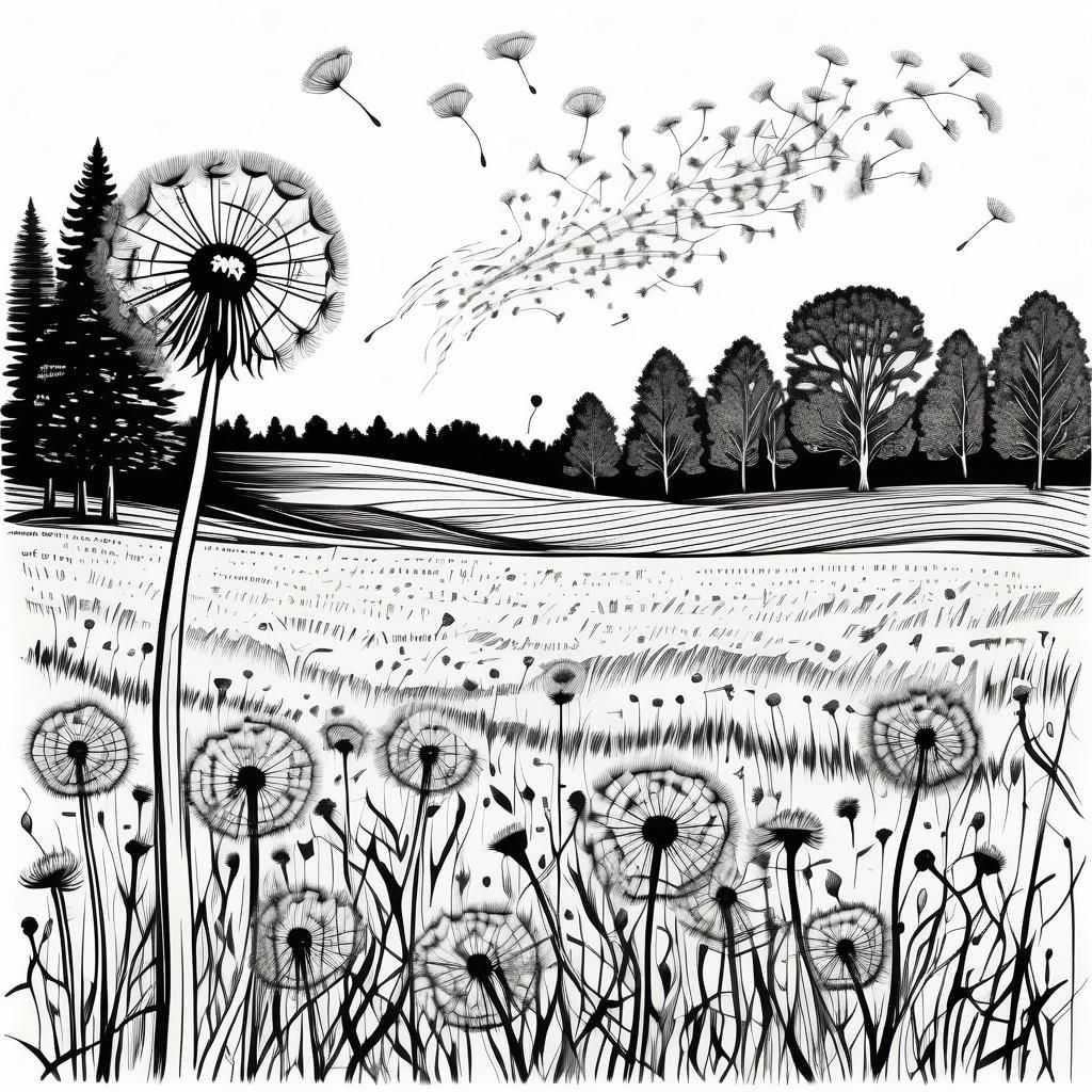 Intricate Ink Sketch of Dandelion in Wind