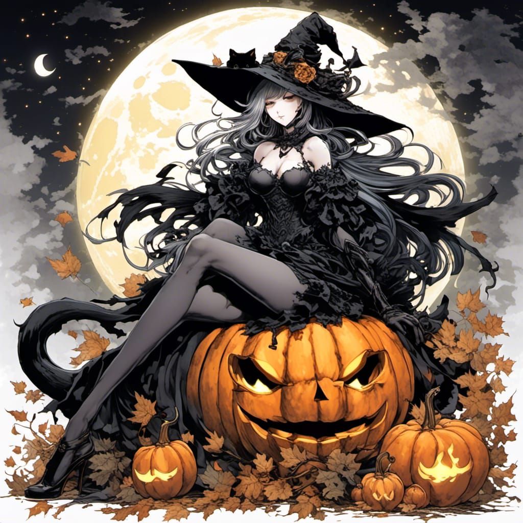 Enchanting Witch with Cat and Pumpkin, Shinkawa Style