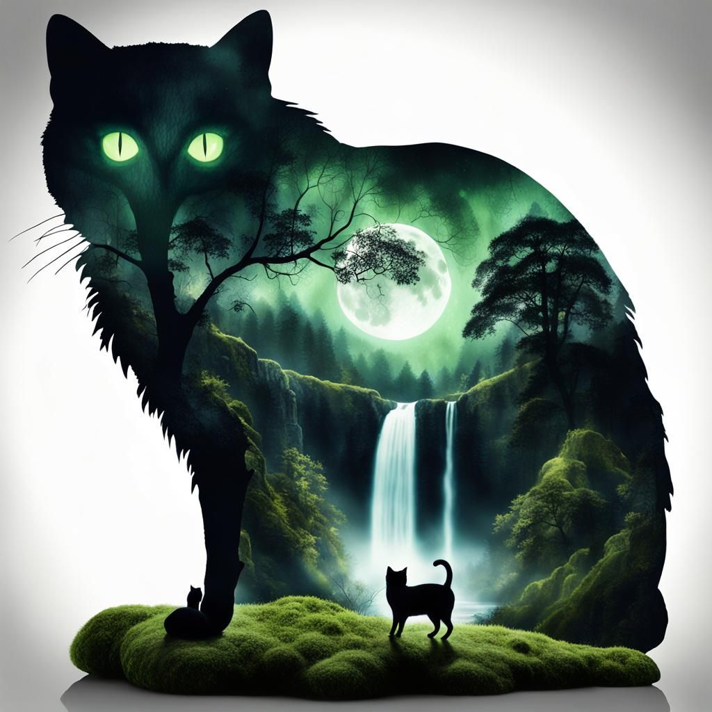 Mystical Cat Landscape in Double Exposure Style