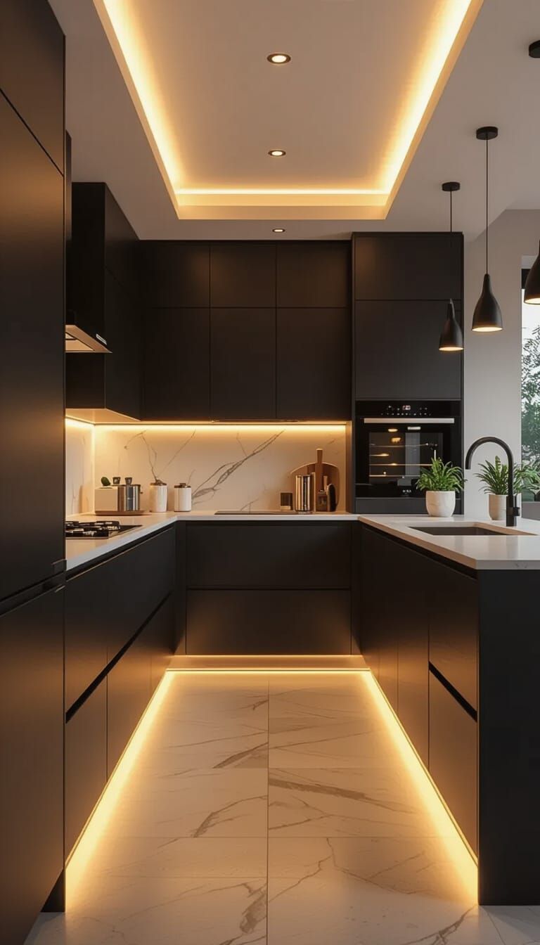 Modern Kitchen Interior Bathed in Golden Hour Light