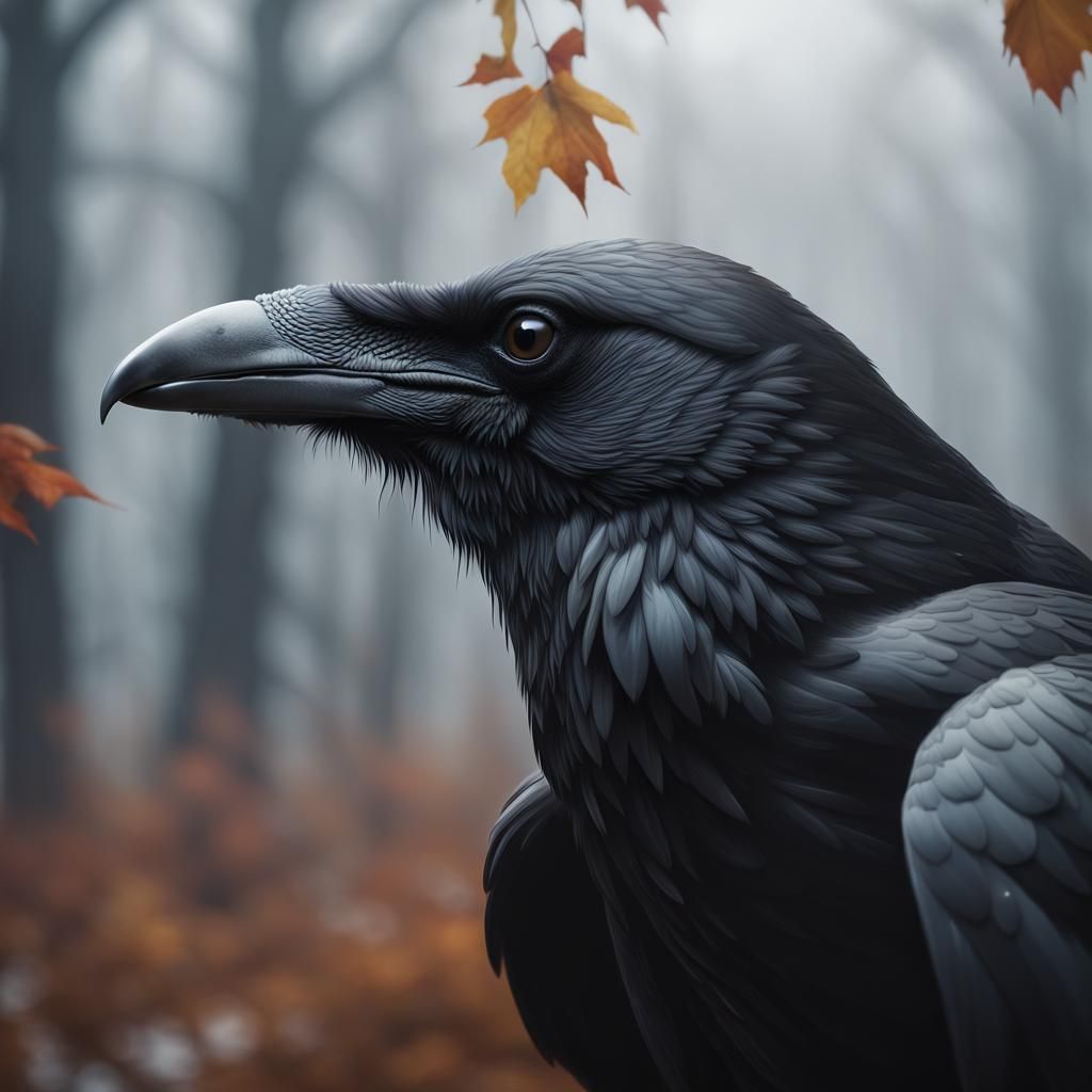 Hyperrealistic Black Raven Portrait in Autumn Fog