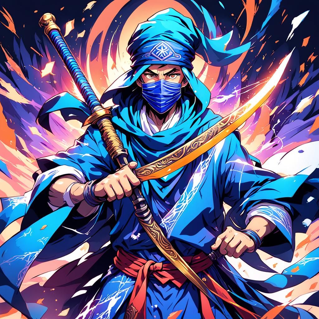 Anime Blue Mage with Scimitars in Cel-Shaded Style