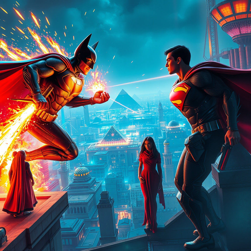 Cyberpunk Giza: Batman vs Superman in Neon Cityscape