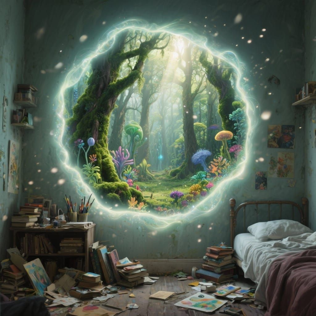 Magical Forest Portal in a Cluttered Bedroom