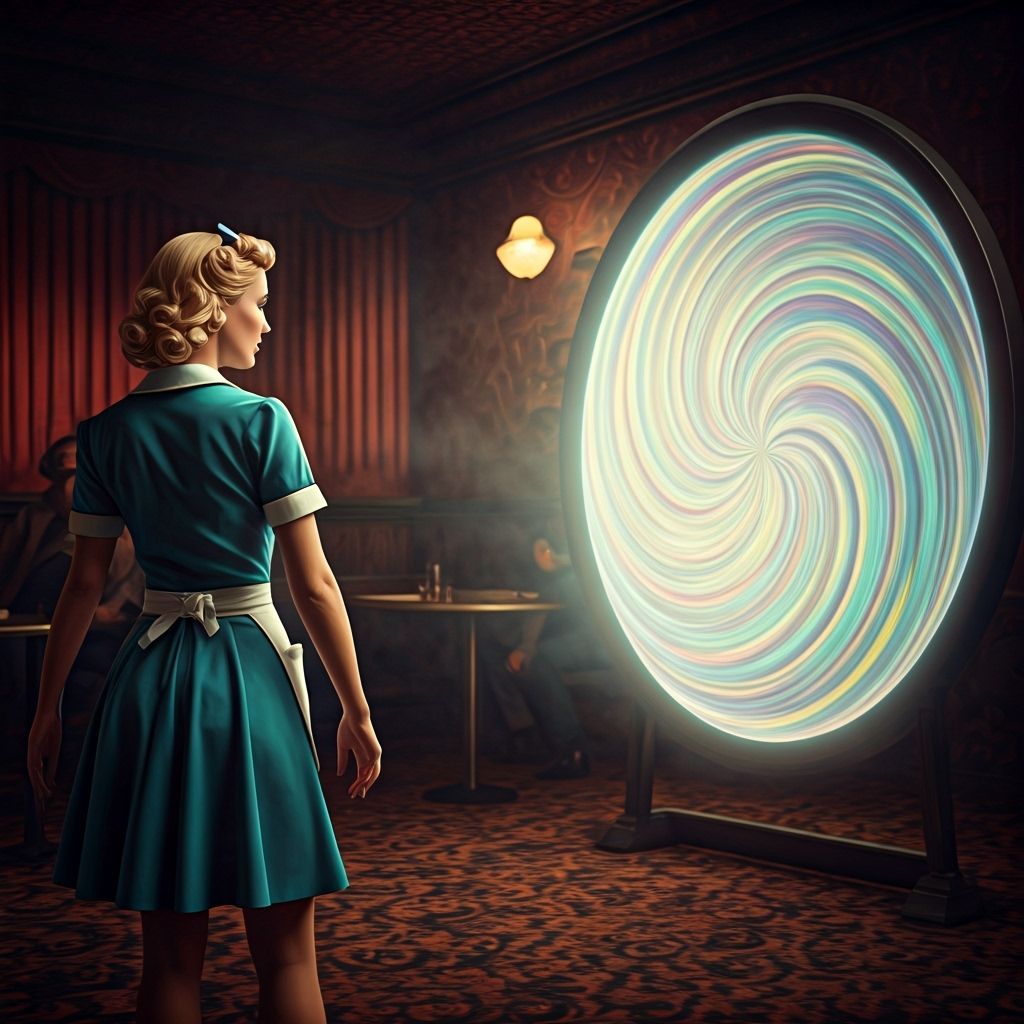 1950s Waitress and Iridescent Portal in Noir Style