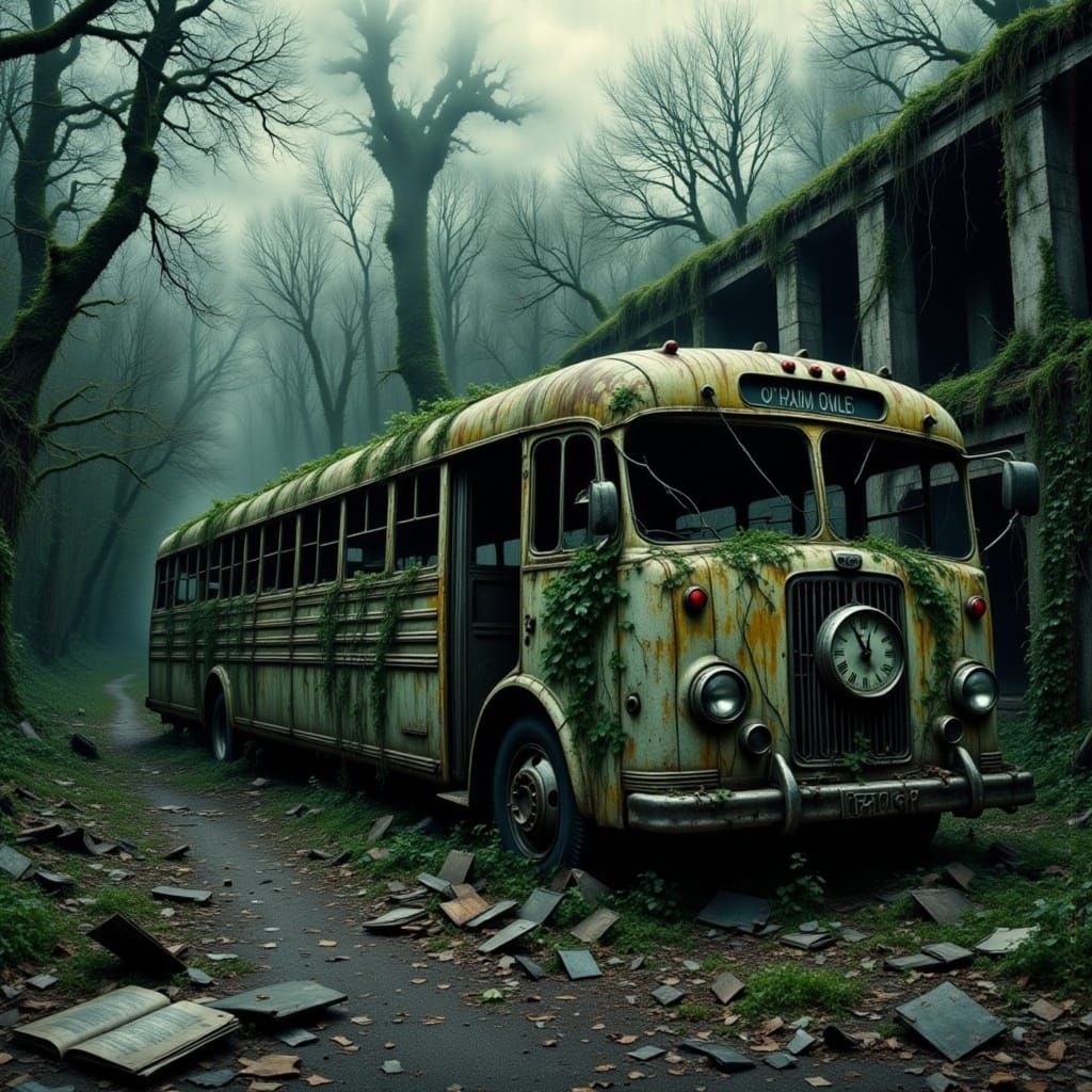 Post-Apocalyptic Bus in Overgrown Ruins