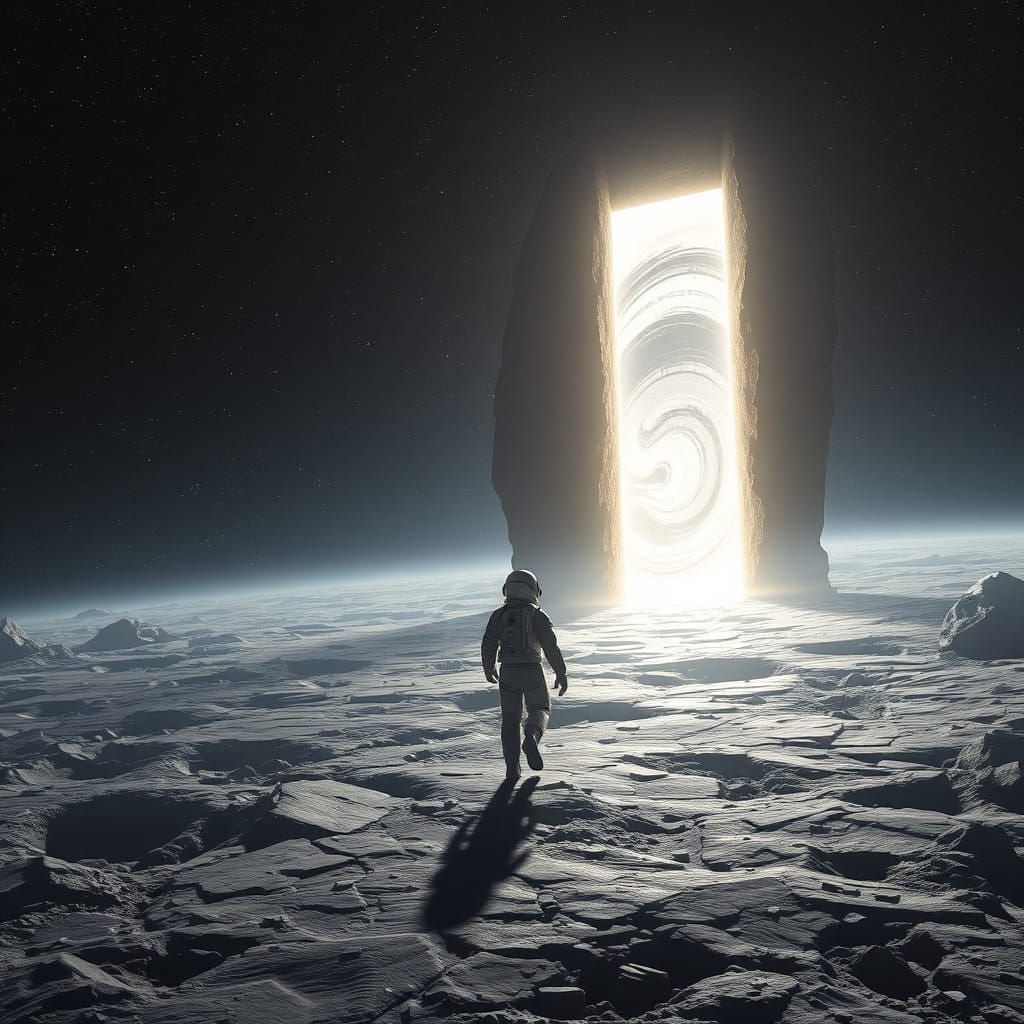 Astronaut and Glowing Portal on Meteorite Surface
