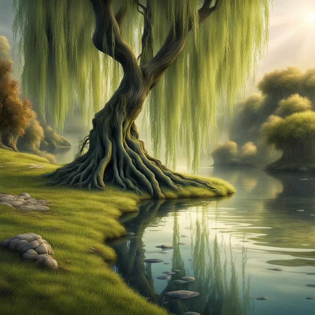 Fantasy Weeping Willow River Scene with Fairies
