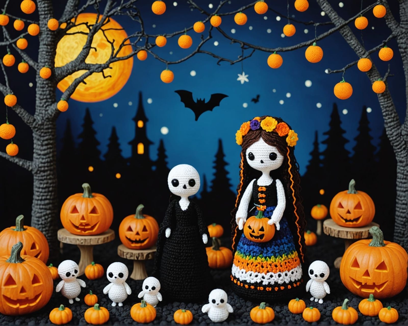 Halloween Forest Scene in Klimt-Inspired Crochet Style