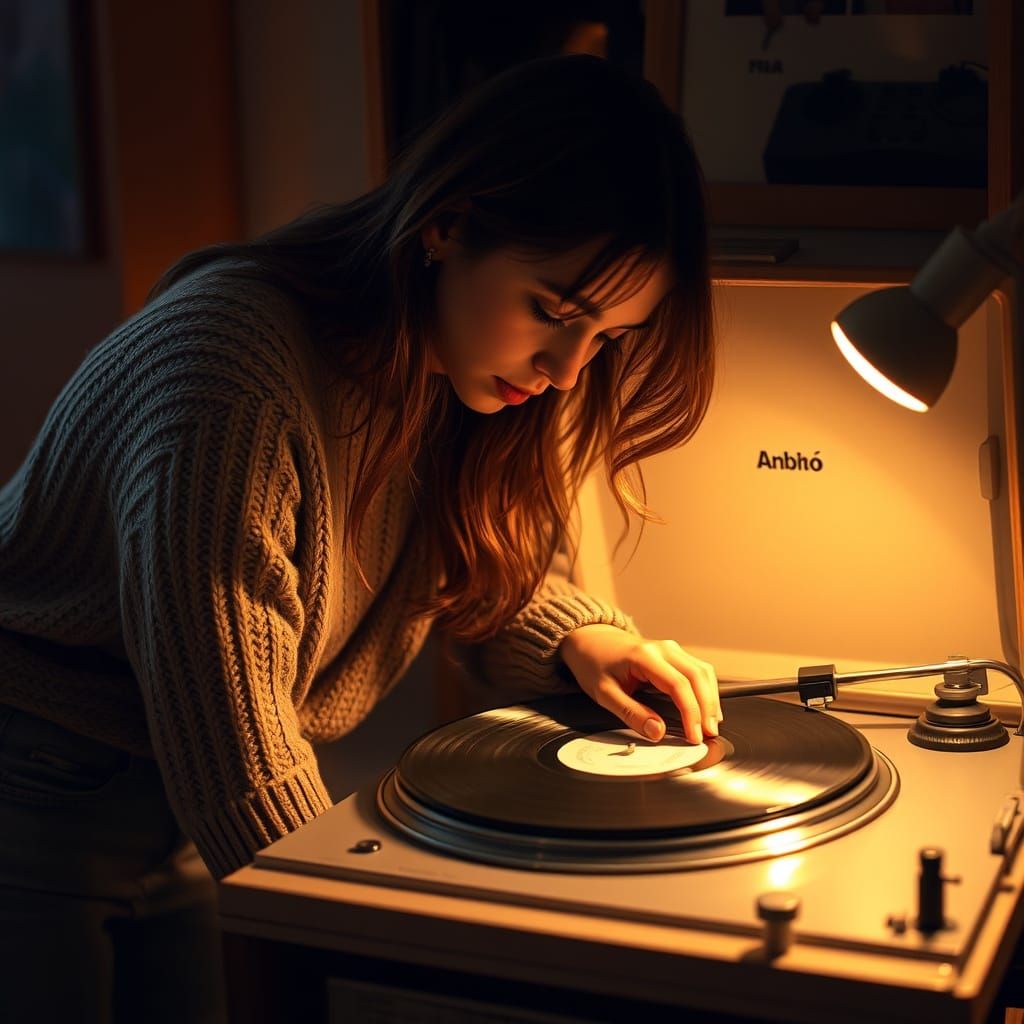 Woman Listening to Vinyl Record in Dreamy Digital Art