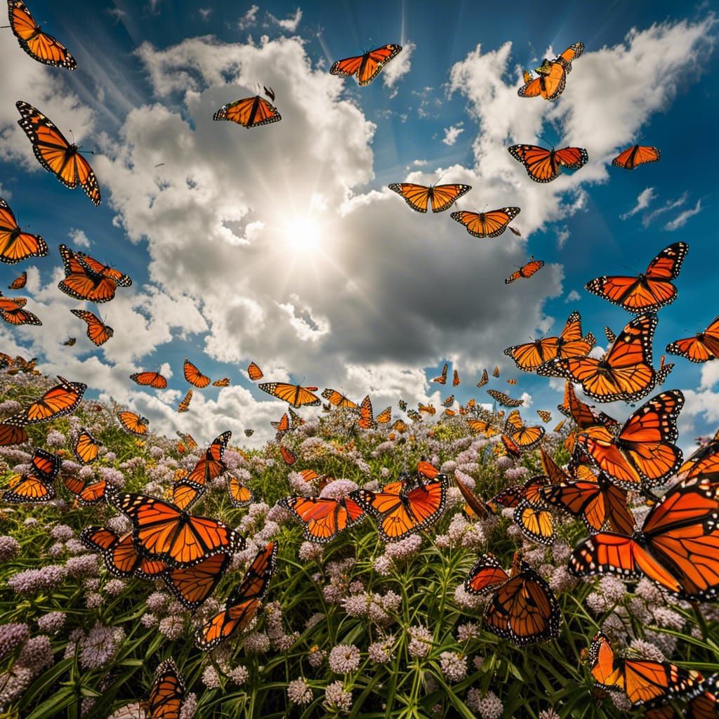 Monarch Butterfly Migration in a Colorful Sky